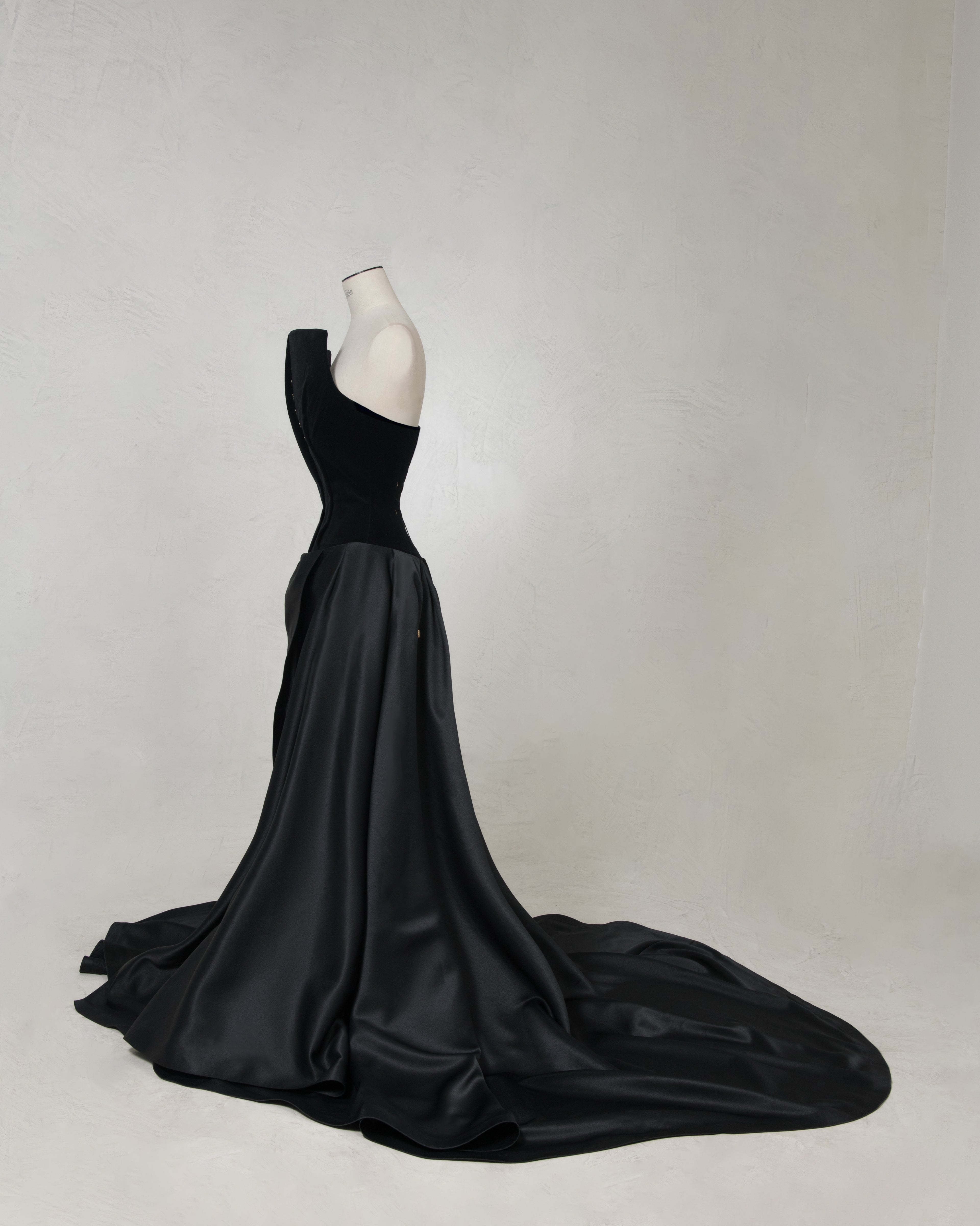Savage by Boni black couture gown with velvet silk bodice front view