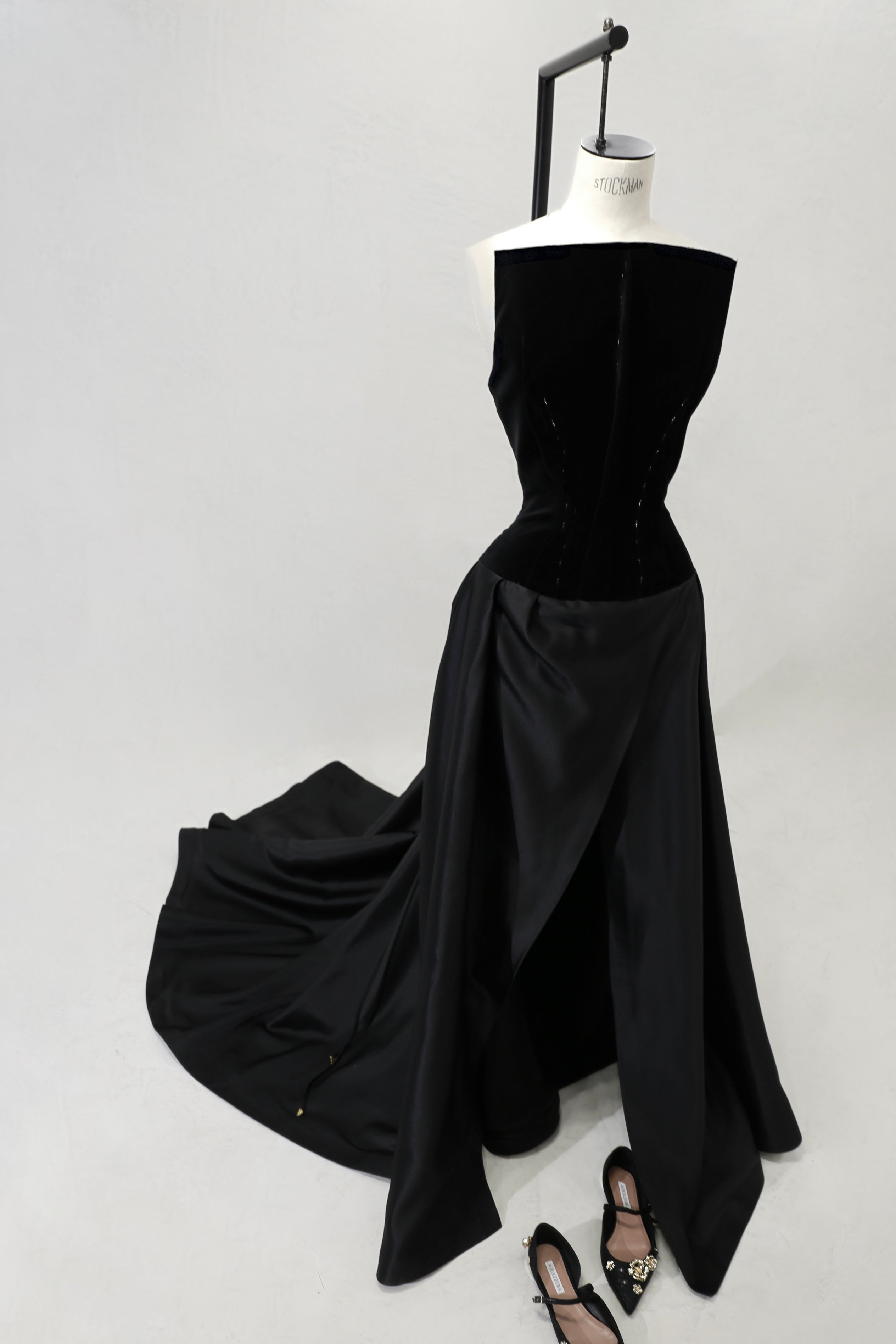 Savage by Boni black couture gown with velvet silk bodice side view