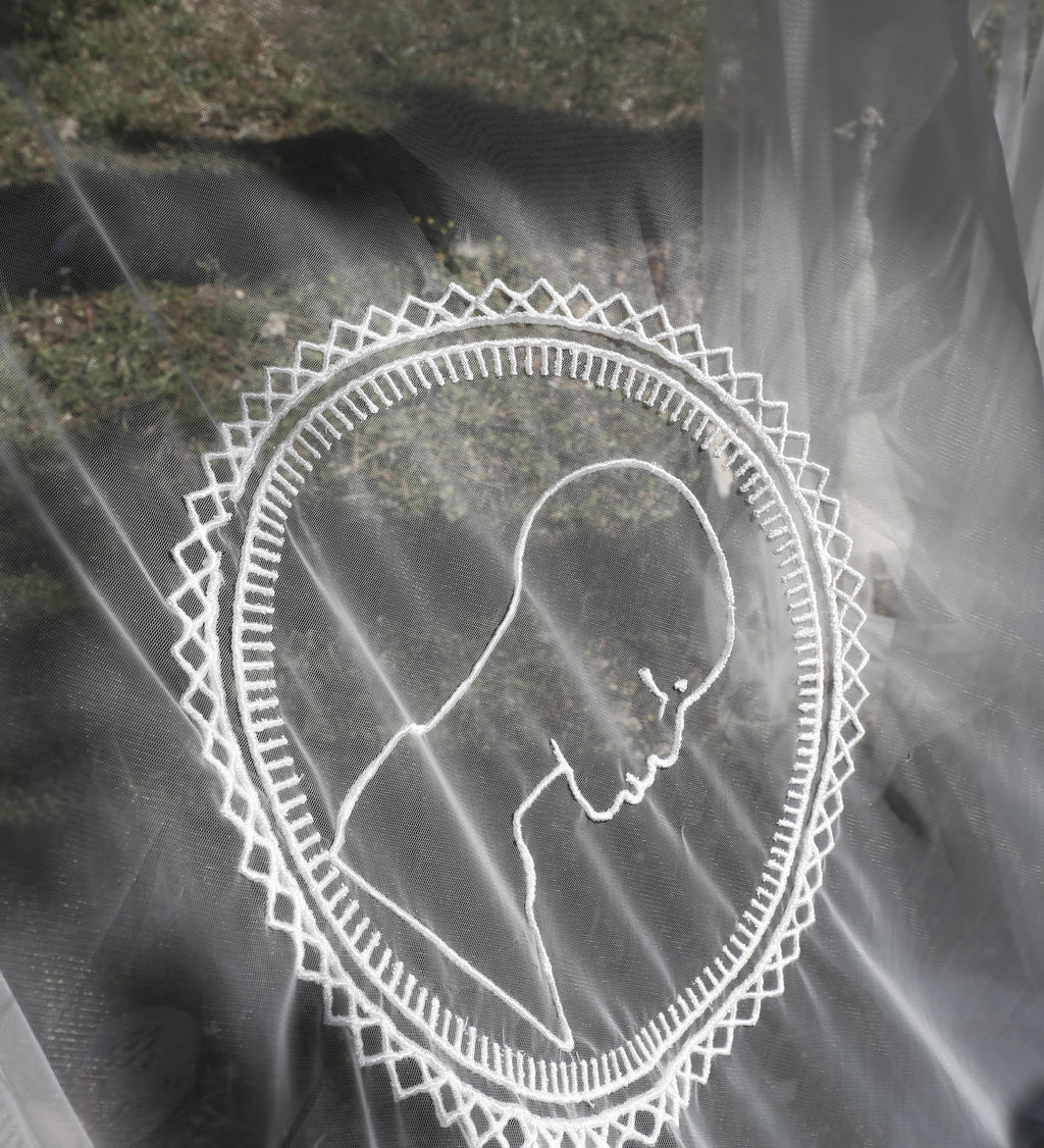 Savage by Boni cathedral bridal veil with self-love embroidery front view